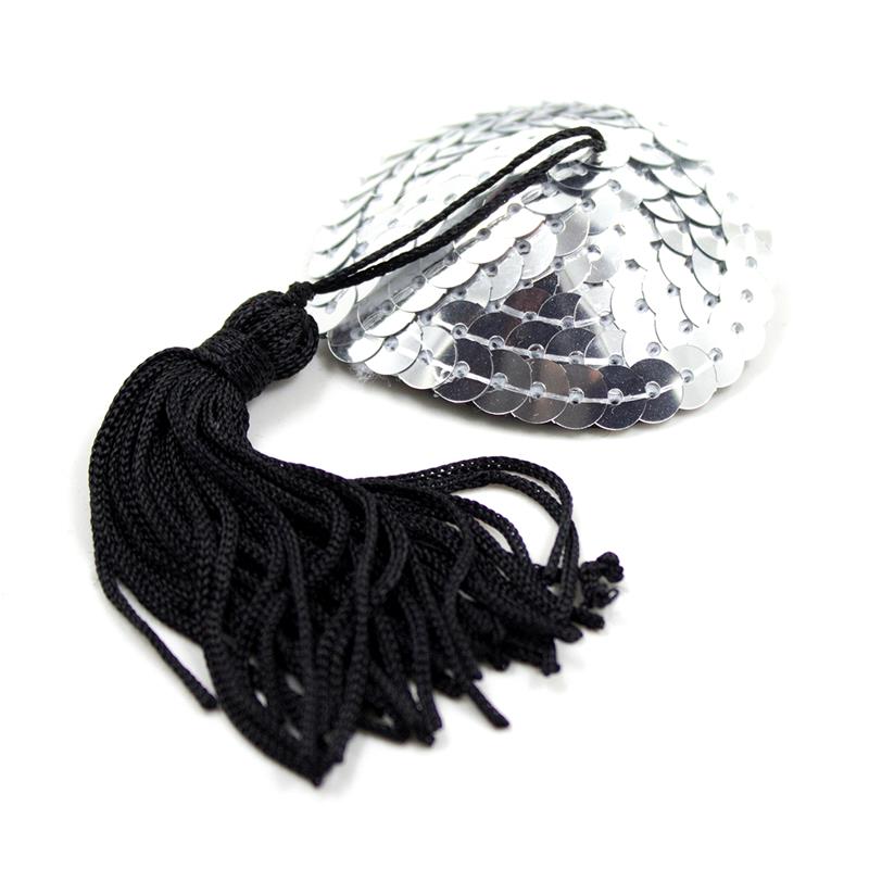LATETOBED BDSM LINE SELF-ADHESIVE HEART SEQUIN NIPPLE COVER WITH TASSEL SILVER/BLACK